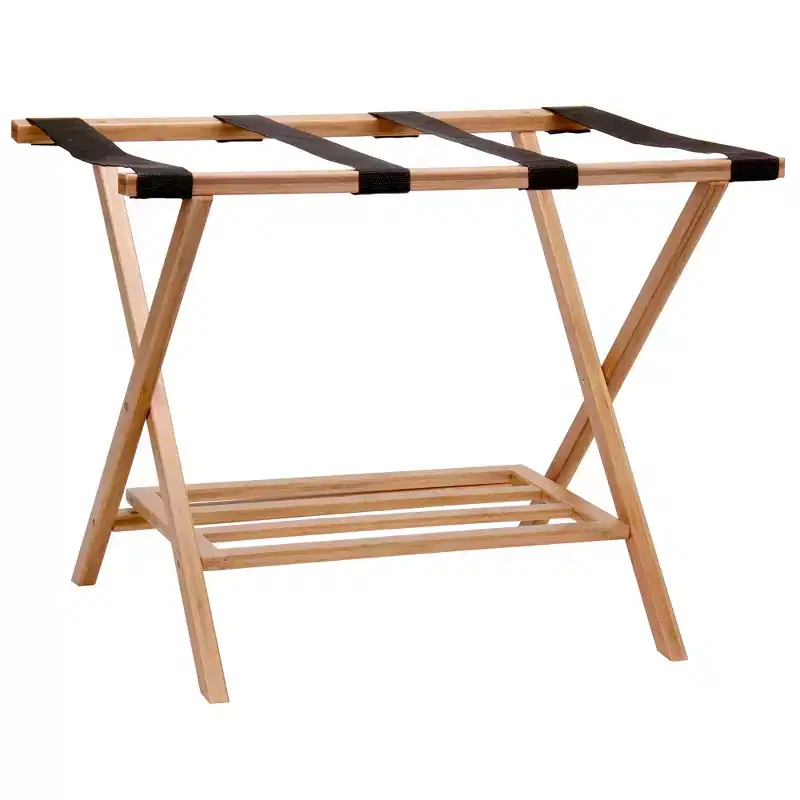 Fully Assembled Folding Luggage Rack with Lower Storage Shelf | Bamboo Frame with Black Straps