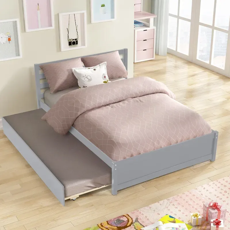 Grey Full Wood Platform Bed Frame with Headboard & Twin Trundle, Sleeps 1–2