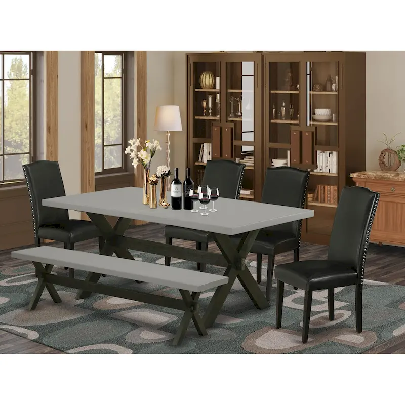 East West Furniture Dining Set- a Dining Table and Black Pu Leather Parson Chairs, Wire brushed Black.(Pieces Options)