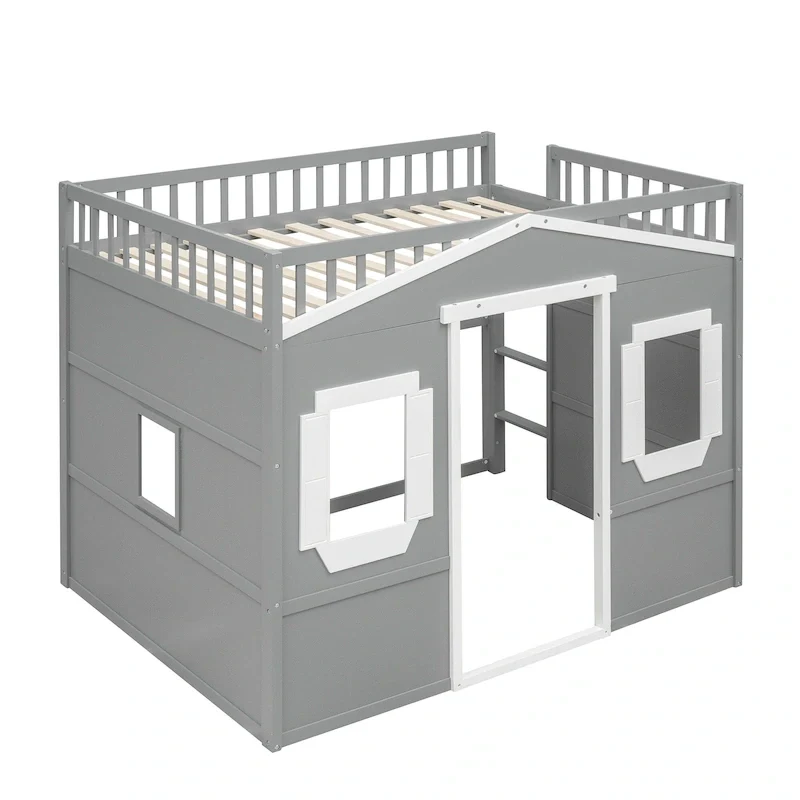 House Loft Bed With Ladder-Gray+White Frame