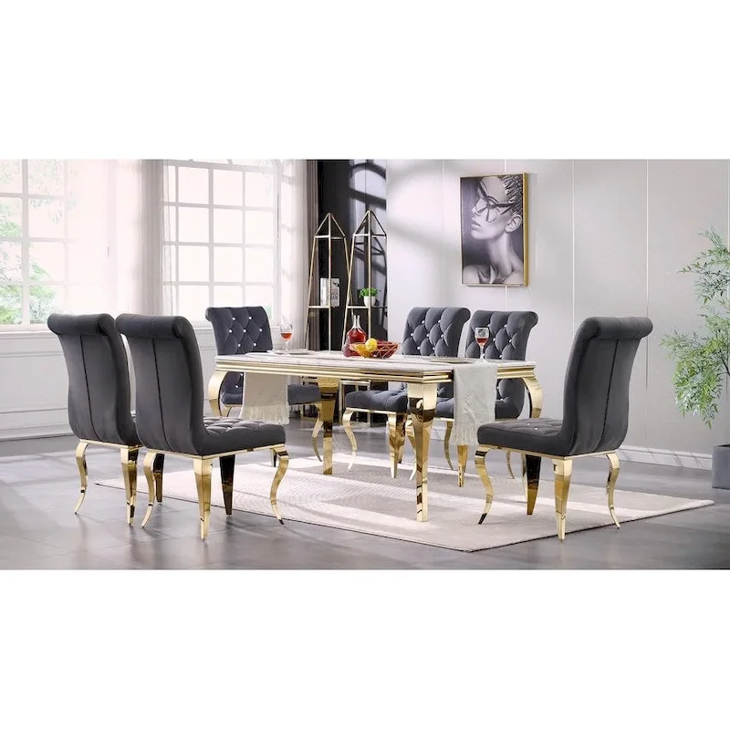 Grey Velvet Dining Chairs with Polished Gold Legs