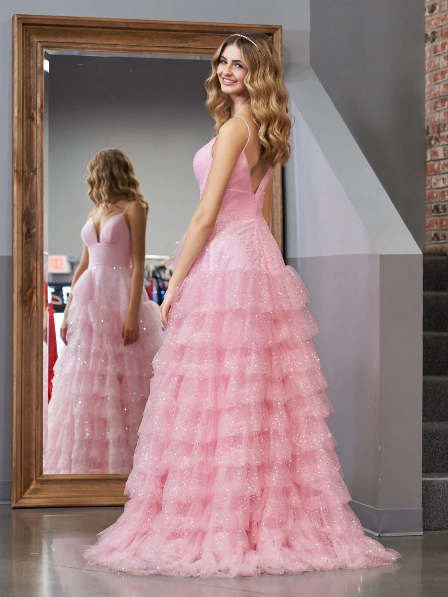 Light Pink A-Line Tiered Spaghetti Straps Tulle Prom Dress