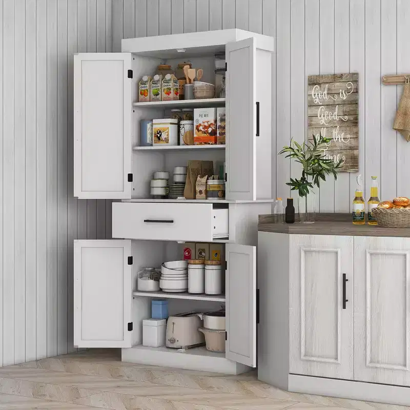 72 Tall Kitchen Cabinet, Kitchen Pantry Cabinet with Barn Doors, Drawer, 5-Tier Shelf and Adjustable Shelves