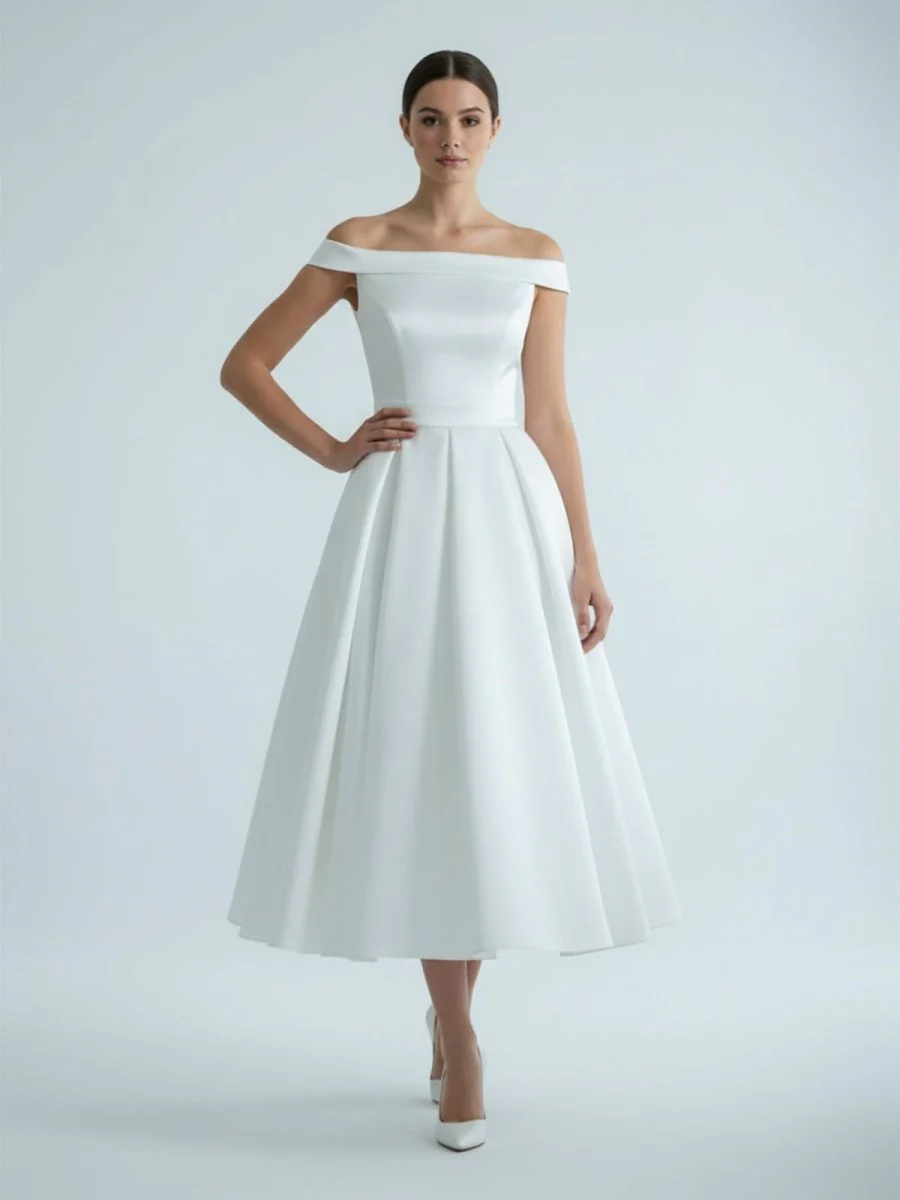 Sleeveless Tea-Length Satin Wedding Dress With Sash And Off-The-Shoulder Neck
