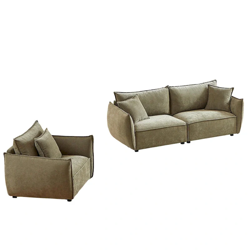 2-Pieces Linen Fabric 4-Seat Modular Sofa Set with 3+1 Seater Combo and Wooden Frame & 3 Pillows