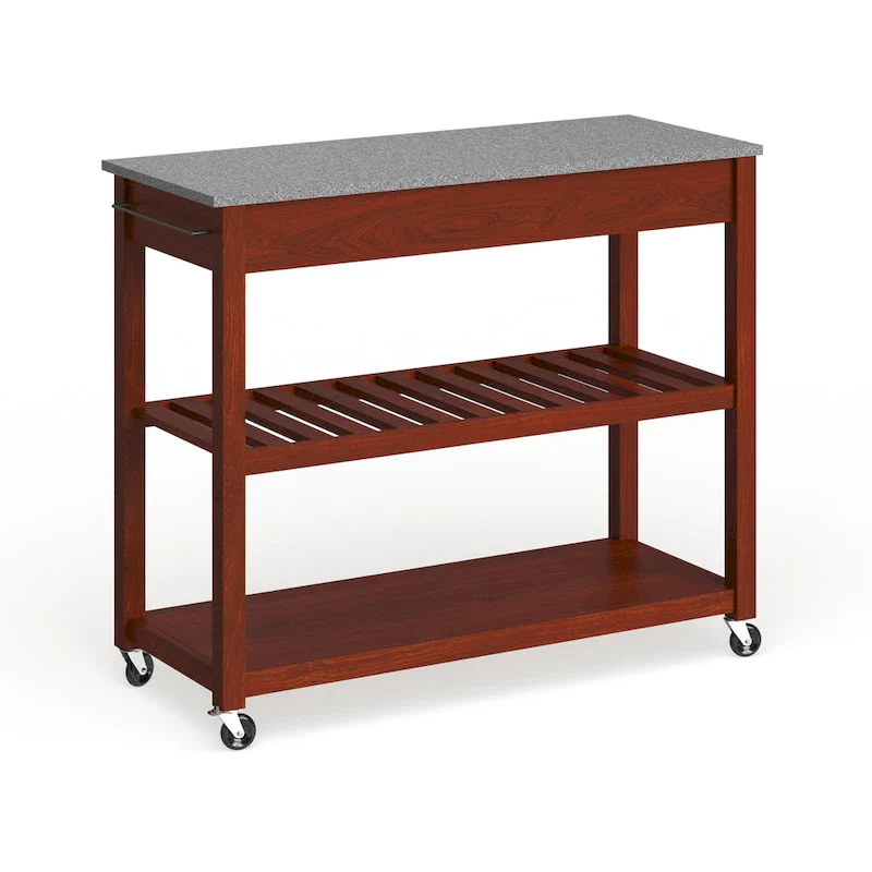 Cherry Wood Kitchen Cart with Granite Countertop, 2 Drawers, Slatted Shelf & Casters – Traditional Style