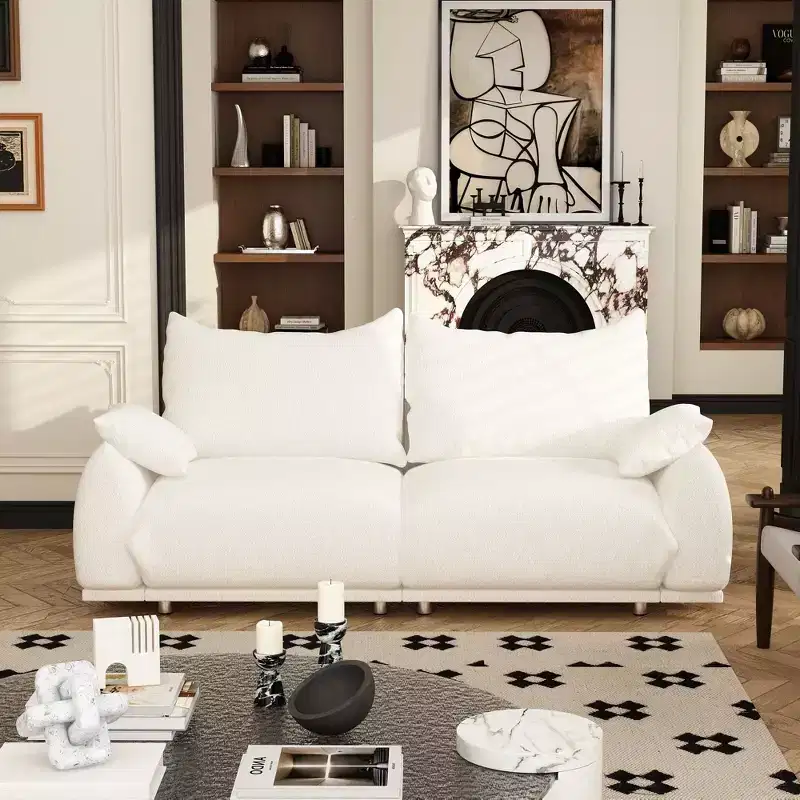 Famapy Living Room Sofa Teddy Velvet Cloud Sofa Loveseat High Resilience Sponge White