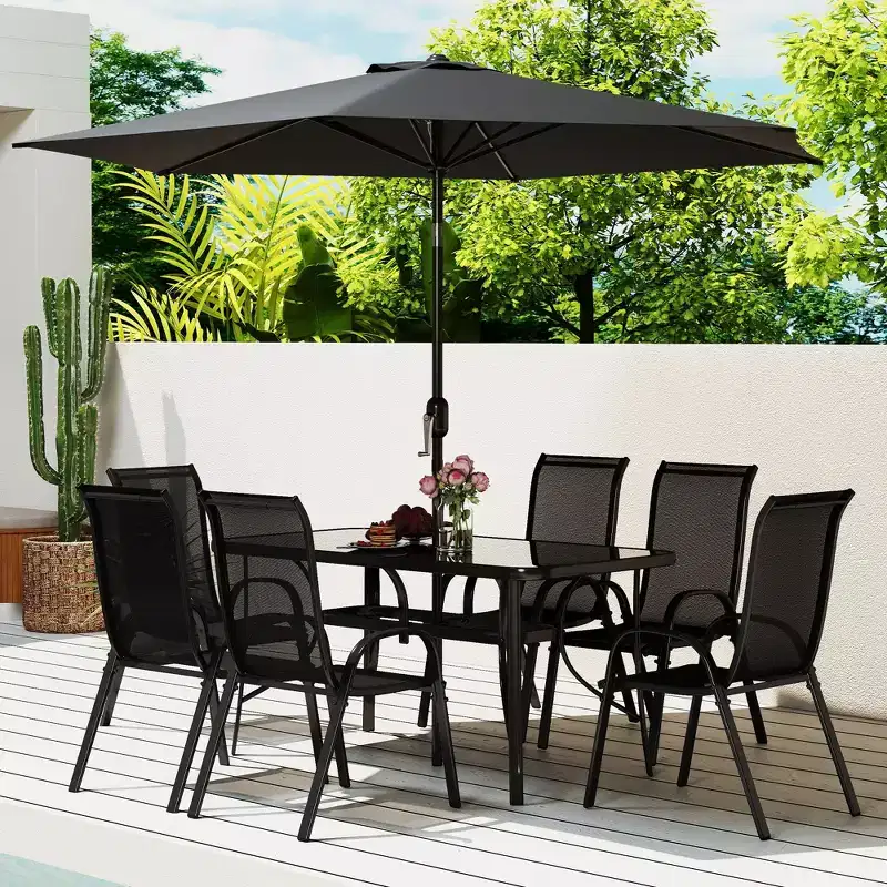 Outsunny 8 Piece Patio Furniture Set with Umbrella, Outdoor Dining Table and Chairs, 6 Chairs, Push Button Tilt and Crank Parasol, Glass Top