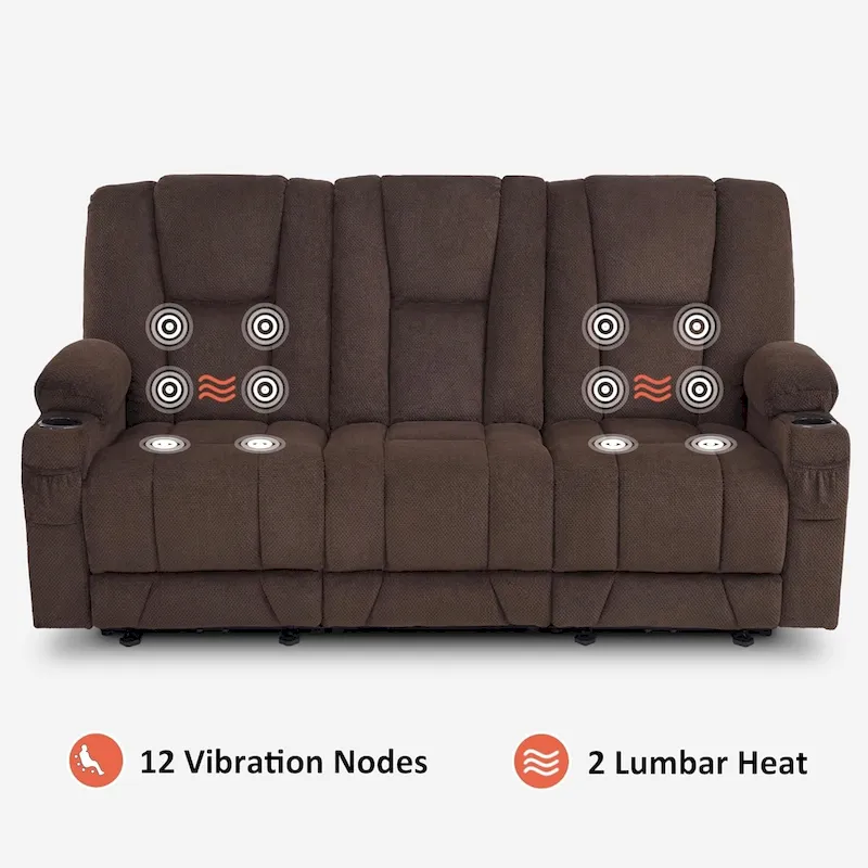 Electric Power Reclining Sofa with Massage and Lumbar Heat, Fabric