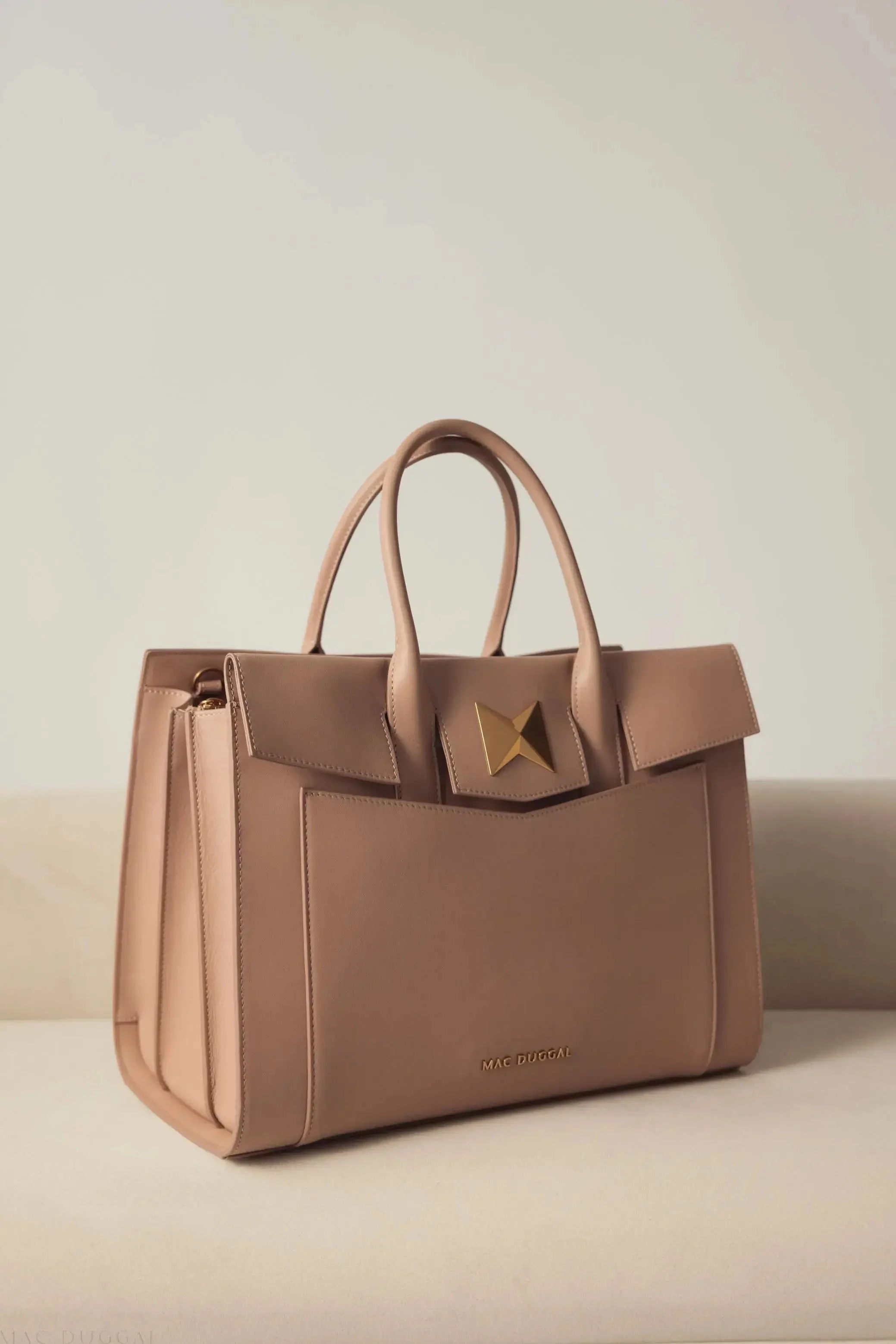 Beige Large Leather Briefcase Bag With Gold Hardware