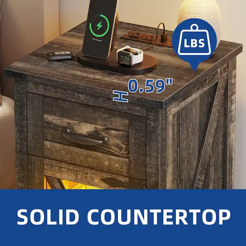 Moasis LED End Table with Shelf and Drawer, Side Table with Charging Station Power Outlet