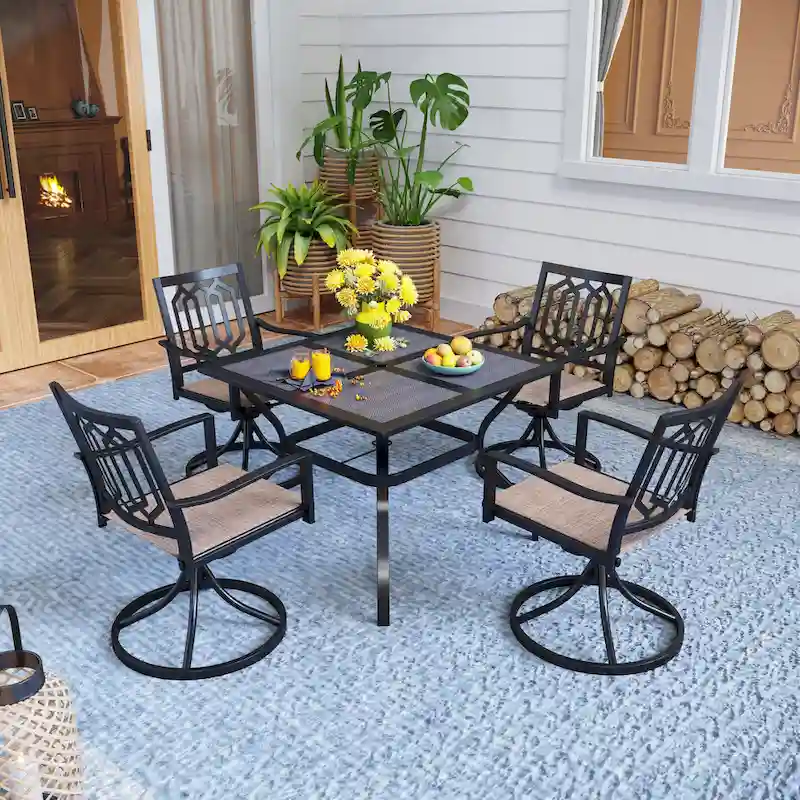 MFSTUDIO 5-Piece Patio Dining Set, 4 Sling Swivel Chairs and Multi Role Metal 37inch Square Table with 1.57  Umbrella Hole