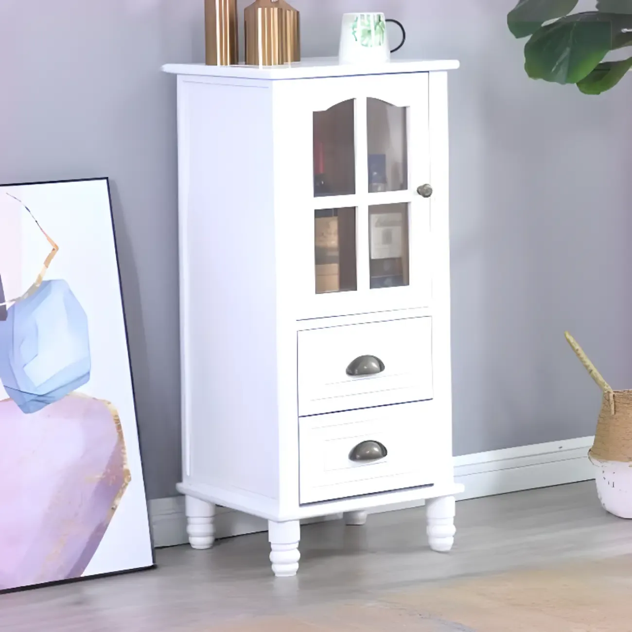 Freestanding Solid Wood White Cabinet with Drawers