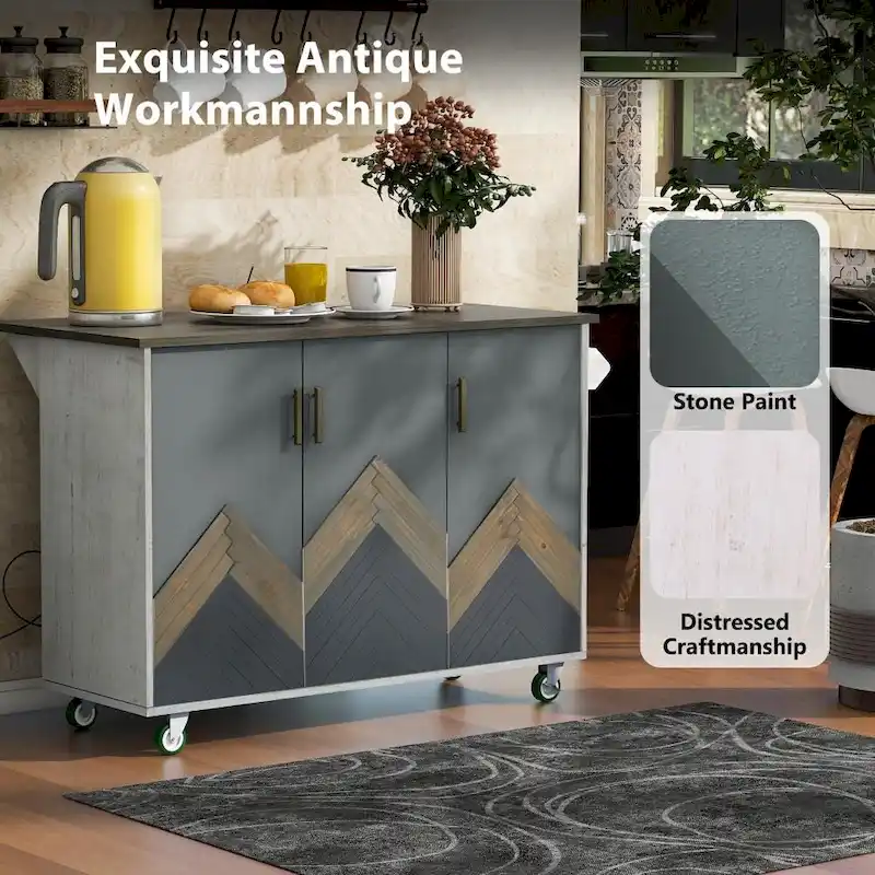 Retro MDF Kitchen Island on Wheels with Drop Leaf and Towel Rack