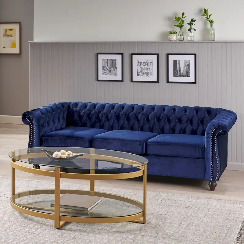 Blue 84.75 Chesterfield Button Tufted 3-Seater Sofa with Nailheads and Legs