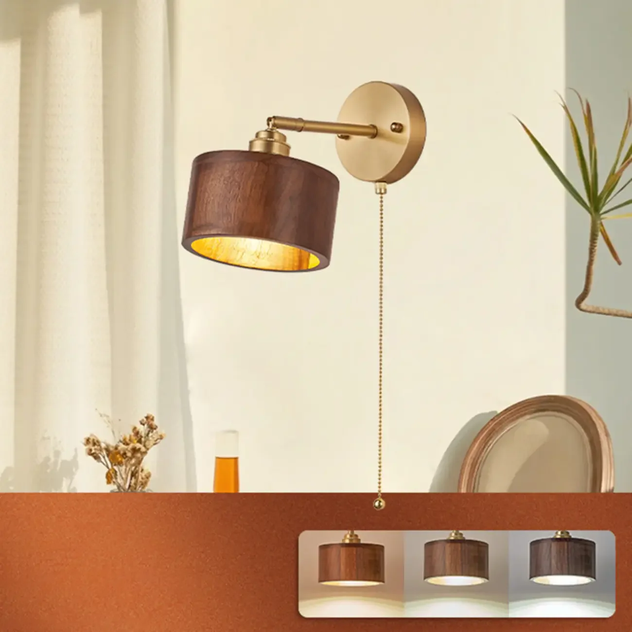 Wooden Drum-Shape Wall Sconce with Pull Chain for Bedroom