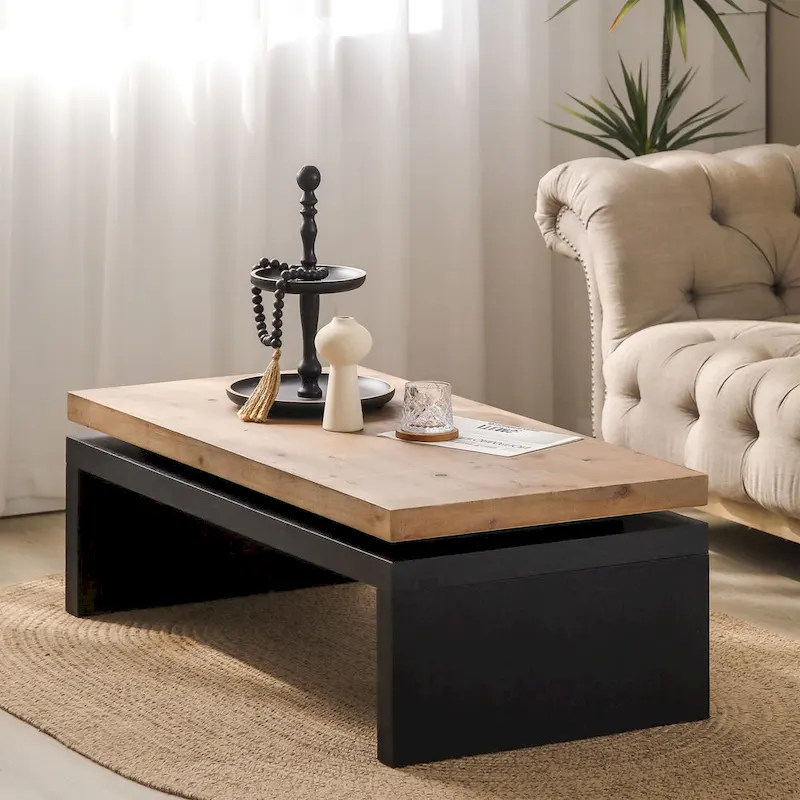 Black and Natural Wood Living Room Table Versatile Coffee Table 2-Tiered Wood Tabletop Table