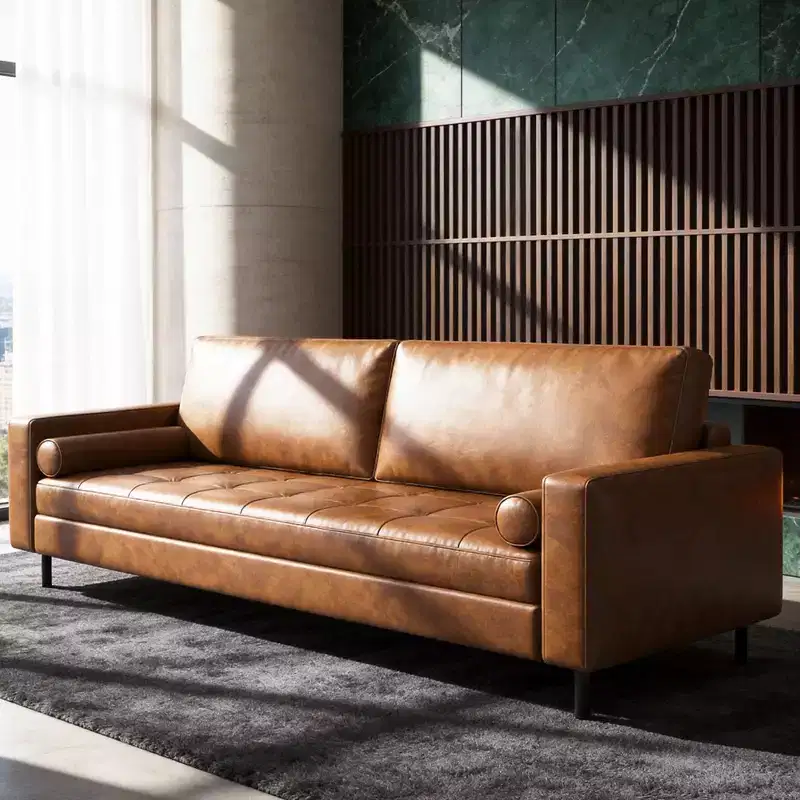 80.31 Mid Century Modern Faux Leather Sofa 3 Seater Couch with Bolster Pillows for Living Room Office Apartment Brown Gaoyangjiaju