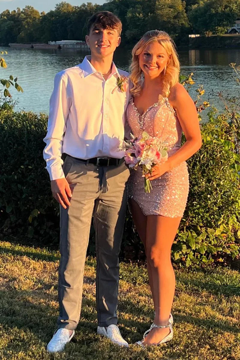 Strapless Pink Sequins Tight Mini Party Dresses with Beadings