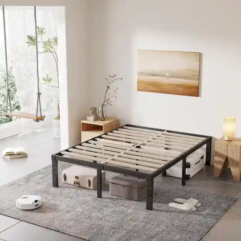 Black Metal Platform Bed Frame with Wood Slats — Twin to California King, 1–2 Person