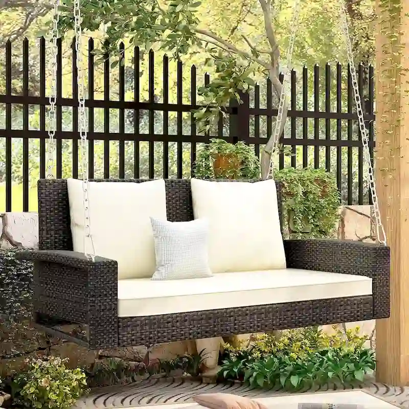 Outdoor Patio 2-Seat Wicker Porch Swing w/ Steel Chain, Cushions - 50 L x 22.4 W x 20.5 H