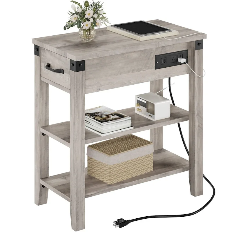 3-Tier Narrow Side Table with Drawer, Shelves and Built-In Charging Station