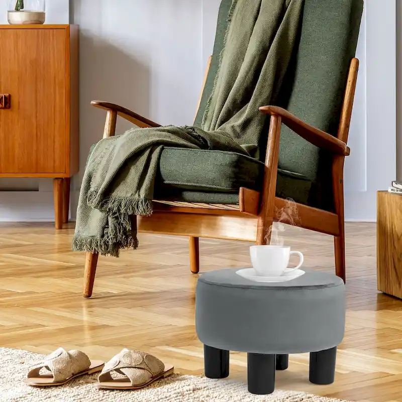 Round Ottoman Velvet Footrest Stool Modern Padded Seat Footstool