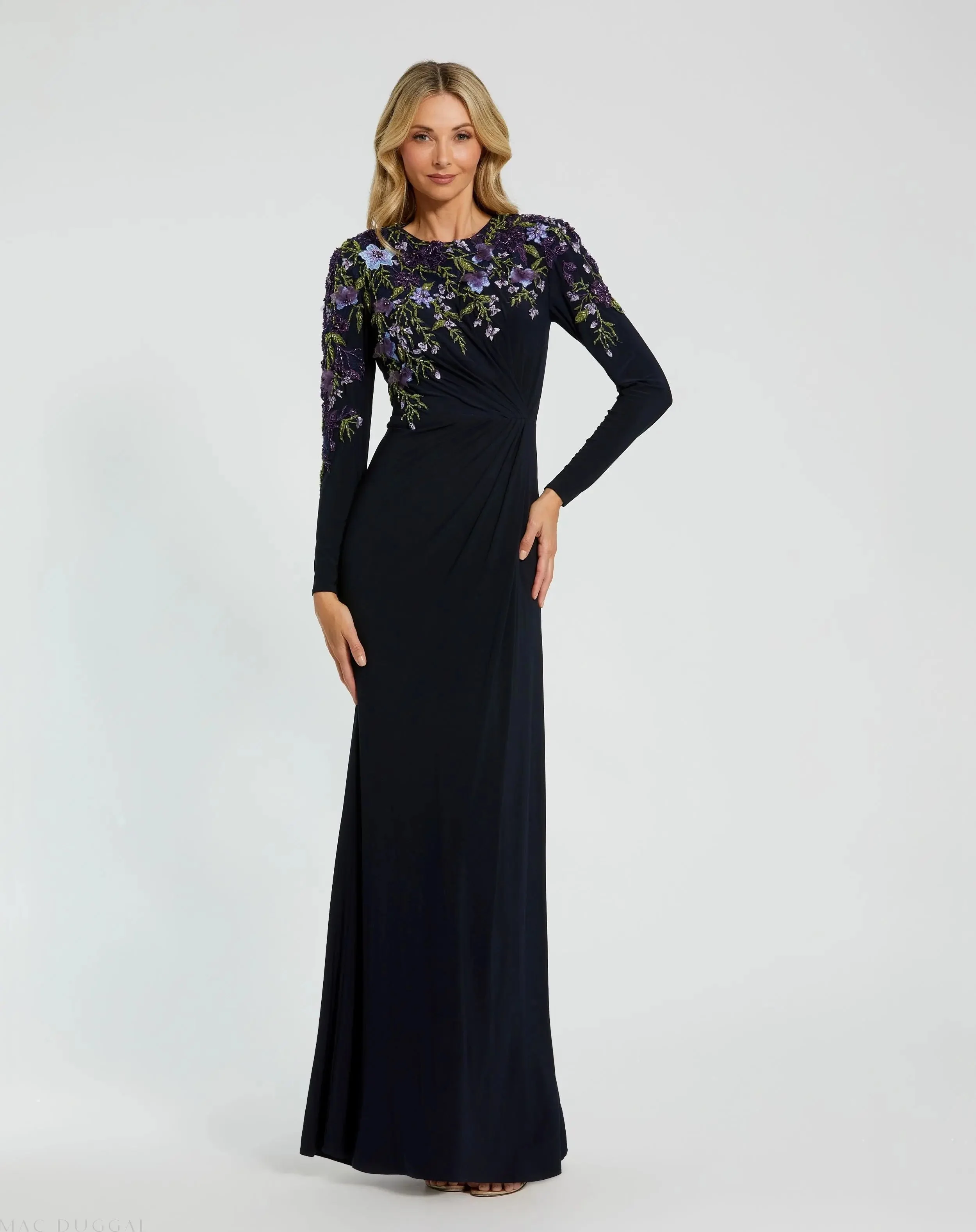 Navy Embellished Long Sleeve Fitted Jersey Gown