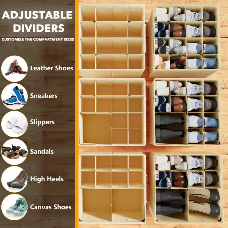 2 Pack Shoe Storage Organizer for closet, a set of 2 foldable shoe storage containers with adjustable dividers-SpaceAid