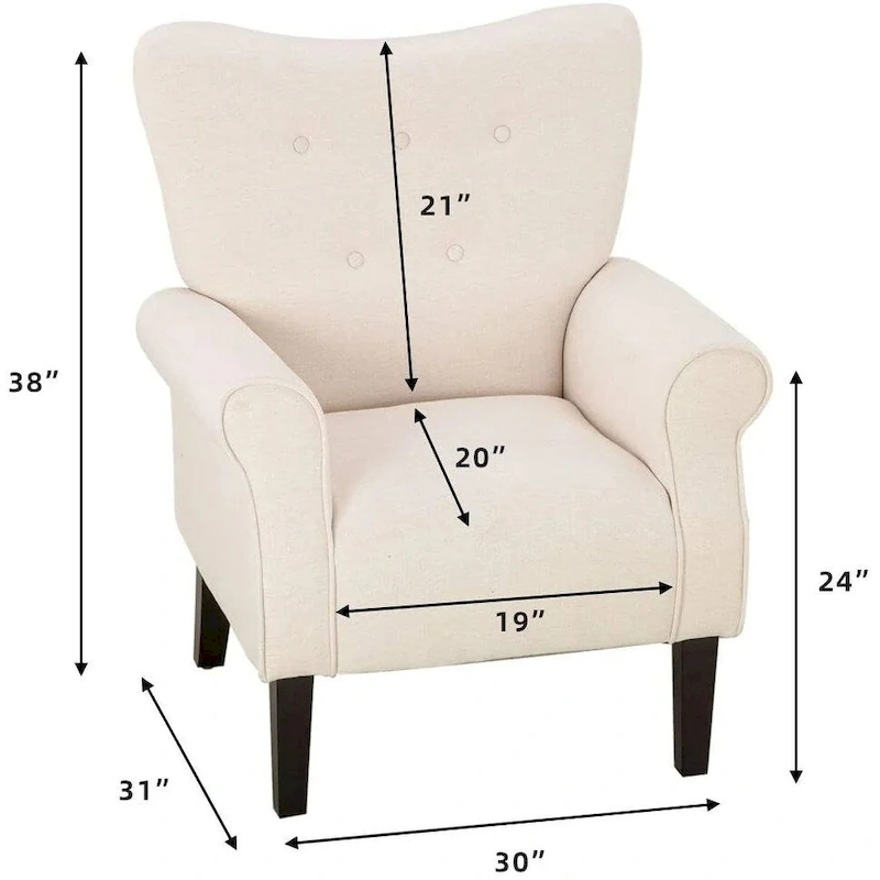 EROMMY Wingback Accent Chair, High-Back Upholstered Fabric Chair with Wooden Legs, Off-White