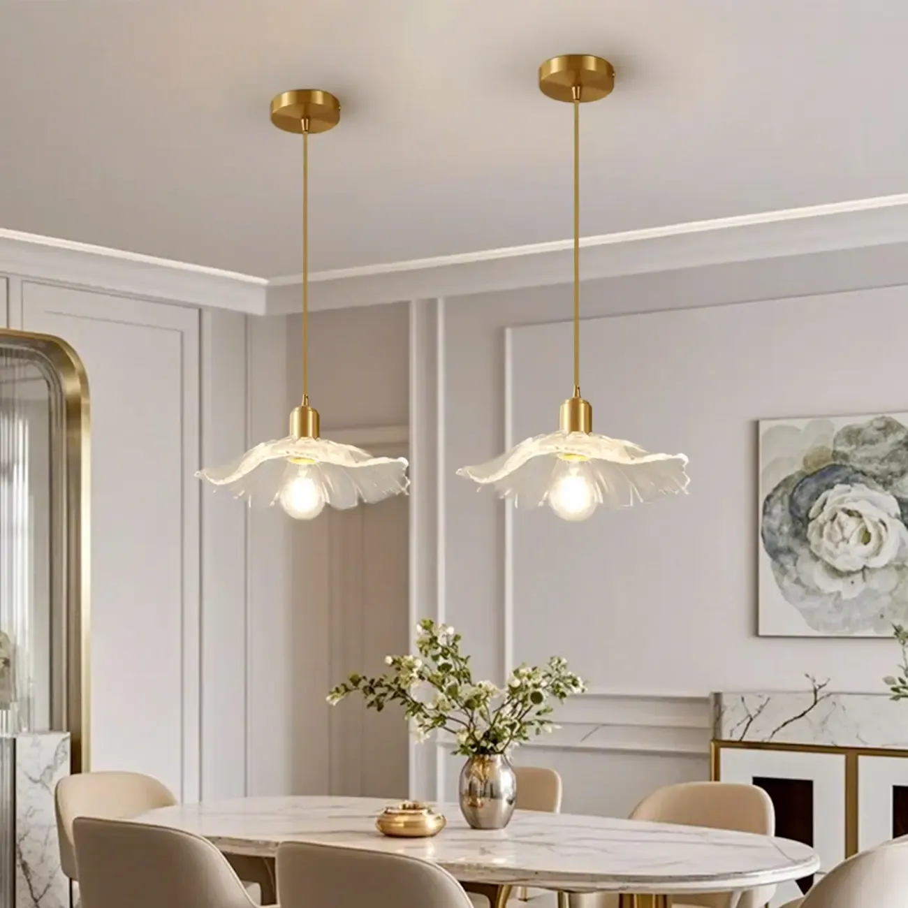 Modern Clear Glass Daisy Pendant Light with Golden Hardware