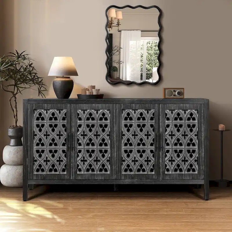 Antique Black 4-Door Hollow Floral Wood Sideboard, Country Style
