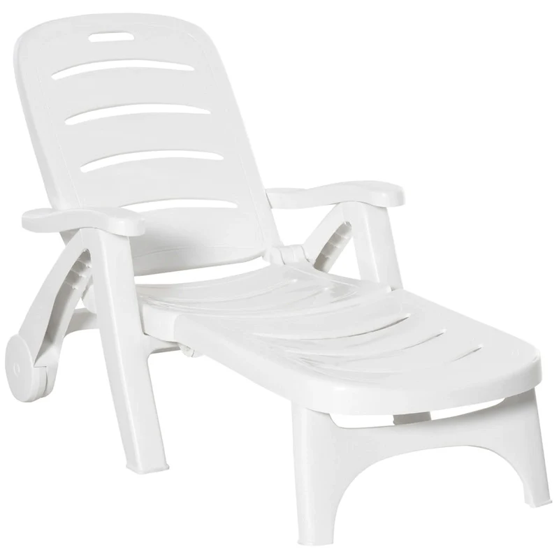 Outsunny Outdoor Folding Chaise Lounge Chair on Wheels, Patio Sun Lounger Recliner & 5-Position Backrest for Garden, Beach, Pool