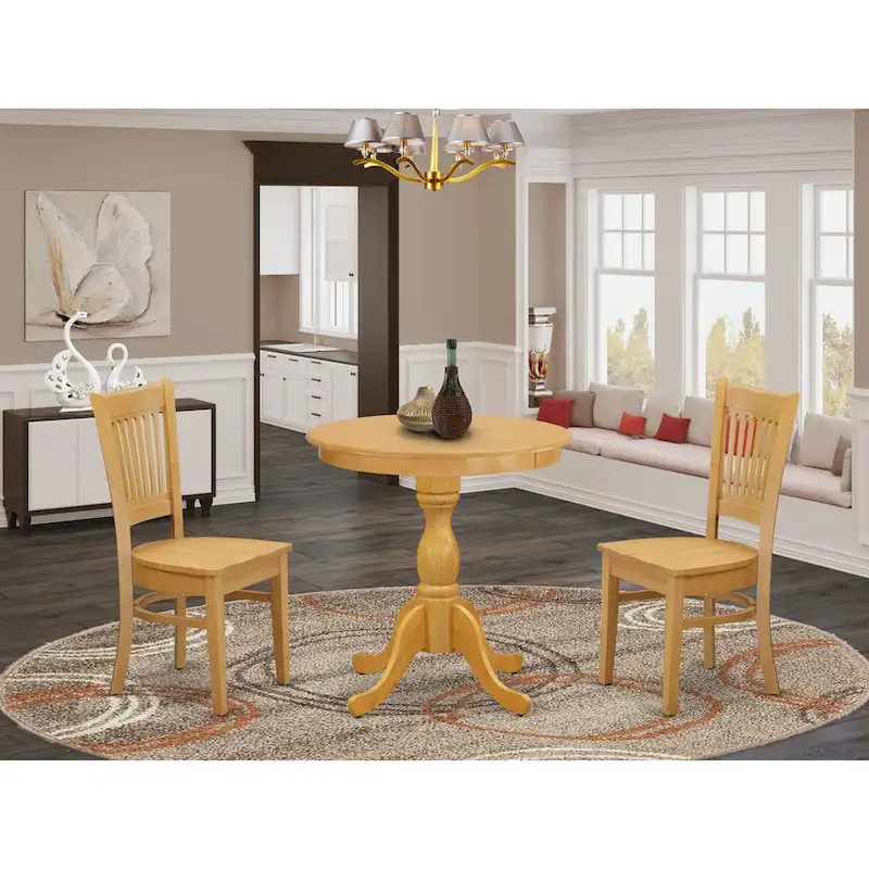 East West Furniture 3 Piece Dining Table Set Contains a Round Dining Room Table and 2 Kitchen Chairs, Oak (Seat Options)