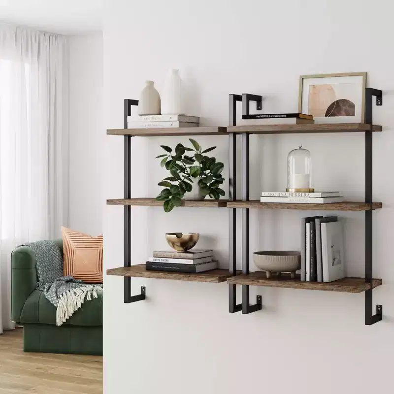 39" 3 Tier Wall Mount Floating Bookshelf Reclaimed Oak/Matte Black - Nathan James: Industrial Pipe Frame, Keyhole Mount