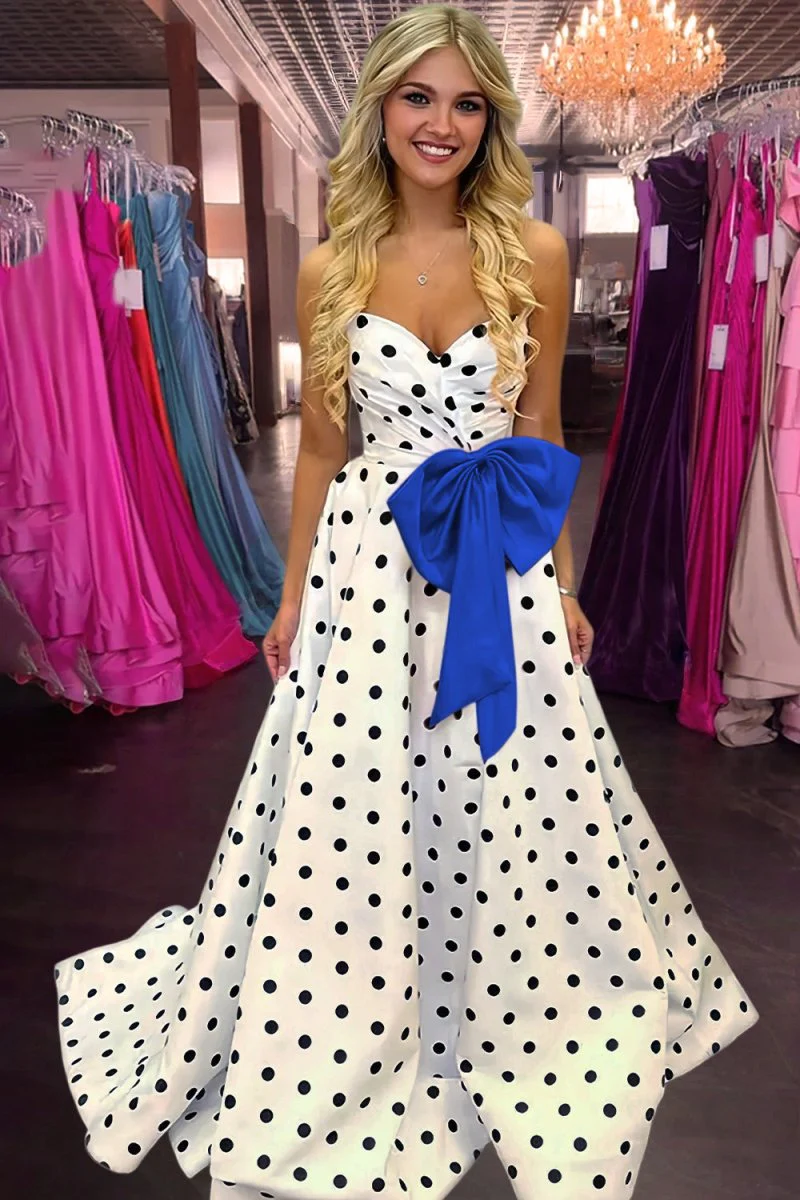 Fuchsia Strapless A Line Polka Dots Satin Long Prom Dresses With Bow