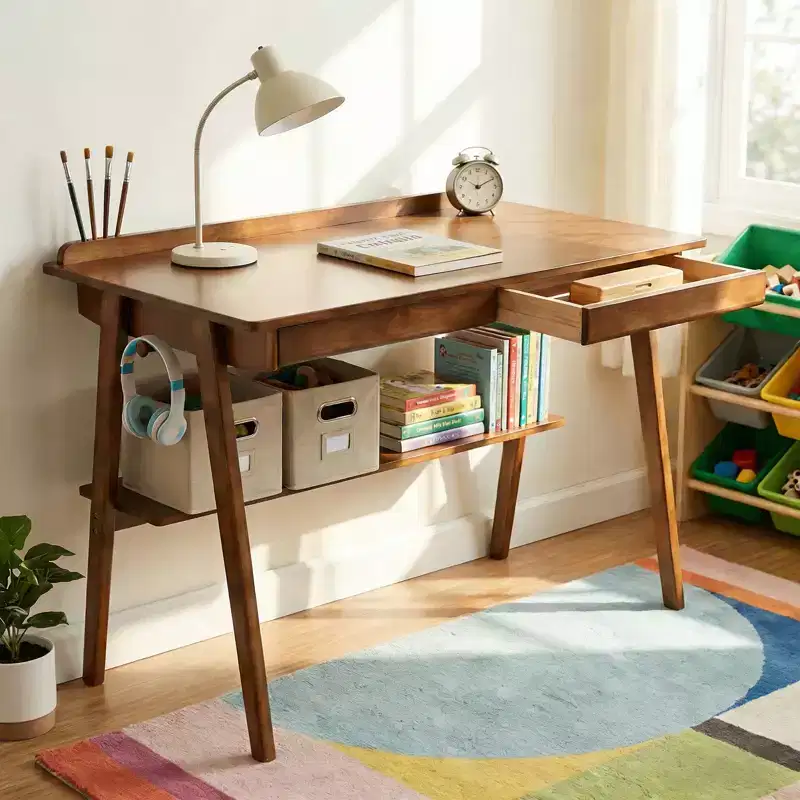 GDFStudio Stefan Modern Wooden Writing Desk with 2 Drawers and Storage Shelf