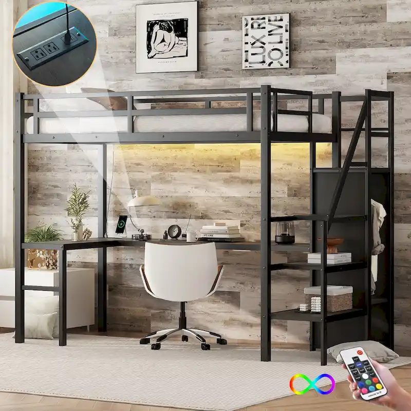 Twin XL Size Metal Loft Bed with L-shaped Desk, USB, and LED for Kids and Teens