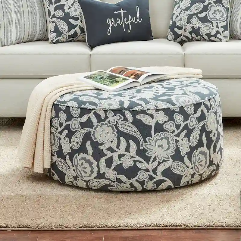 Chestnut Transitional Round Ivory Chenille Cocktail Ottoman