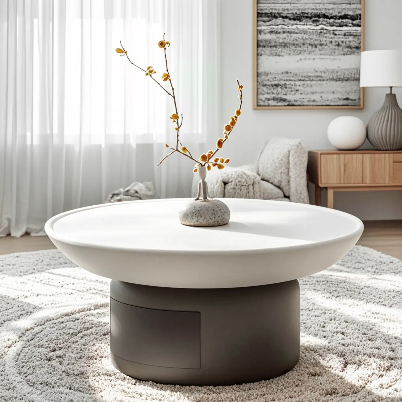Gray White Round Minimal Wood Coffee Table with Drawer