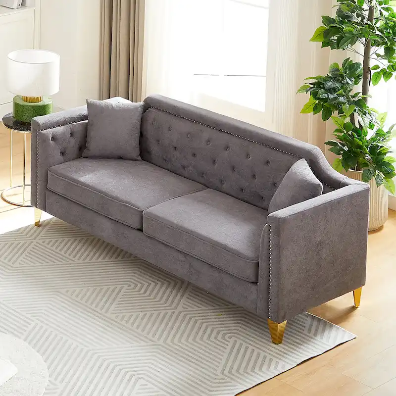Grey 61.5  Chenille 3-Seater Tufted Sofa with Copper Nail Arms, 2 Pillows