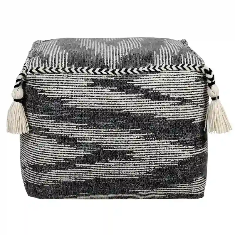 Gray Geometric Pouf Ottoman - Cotton Cube Footstool with Tassels