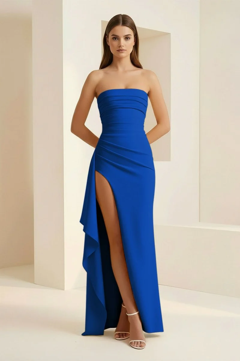 Royal Blue - Mermaid Strapless Satin Pleated Long Prom Dress with Slit