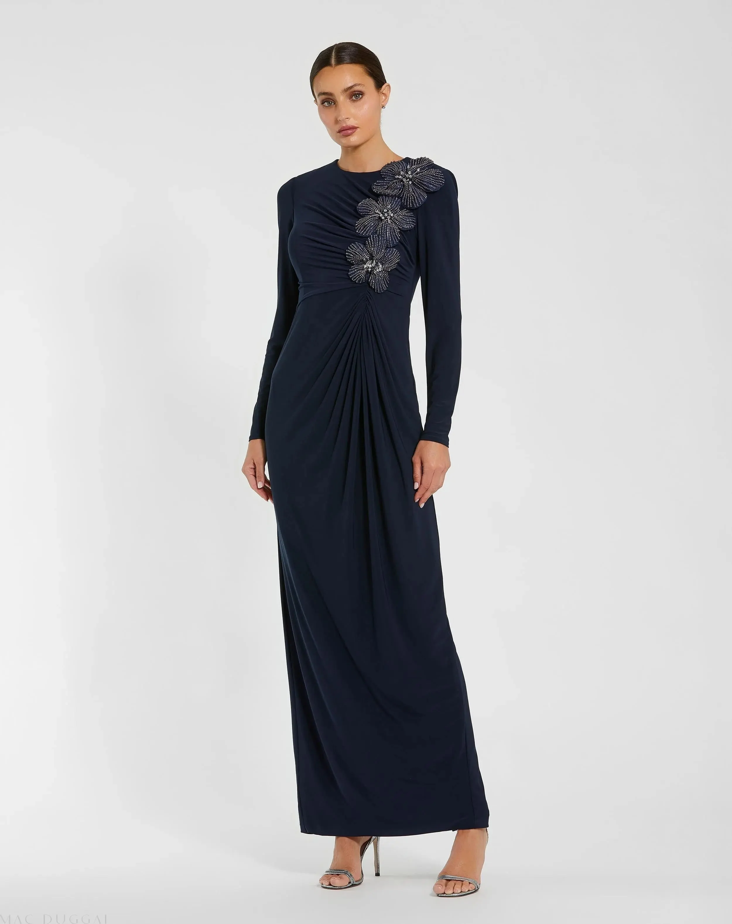 Navy Jersey Long Sleeve Fitted Gown With 3D Flowers