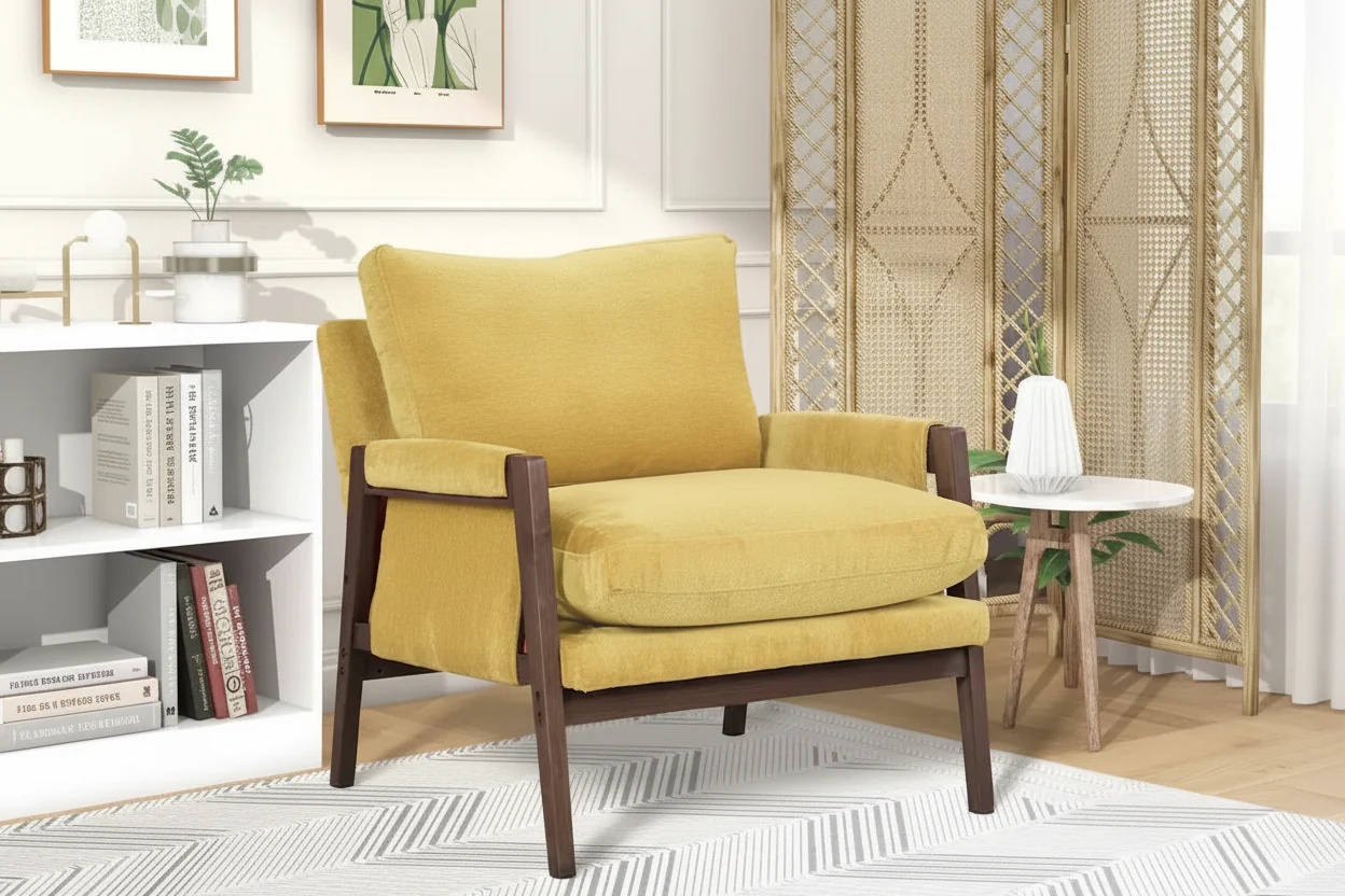 Yellow Velvet Armchair with Rubberwood Frame and Padded Feet