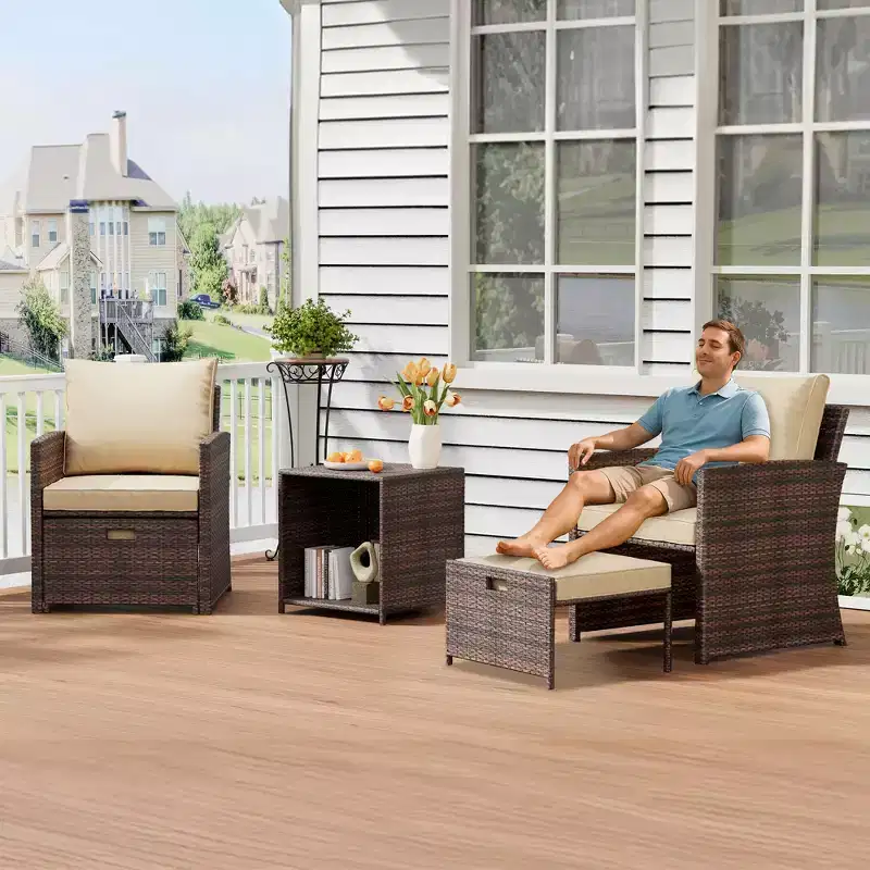 5PCS High Back Patio Conversation Set with 2 Ottomans & Table,All-Weather PE Rattan Lounge Chairs with Soft Cushions,for Balcony,Garden & Poolside
