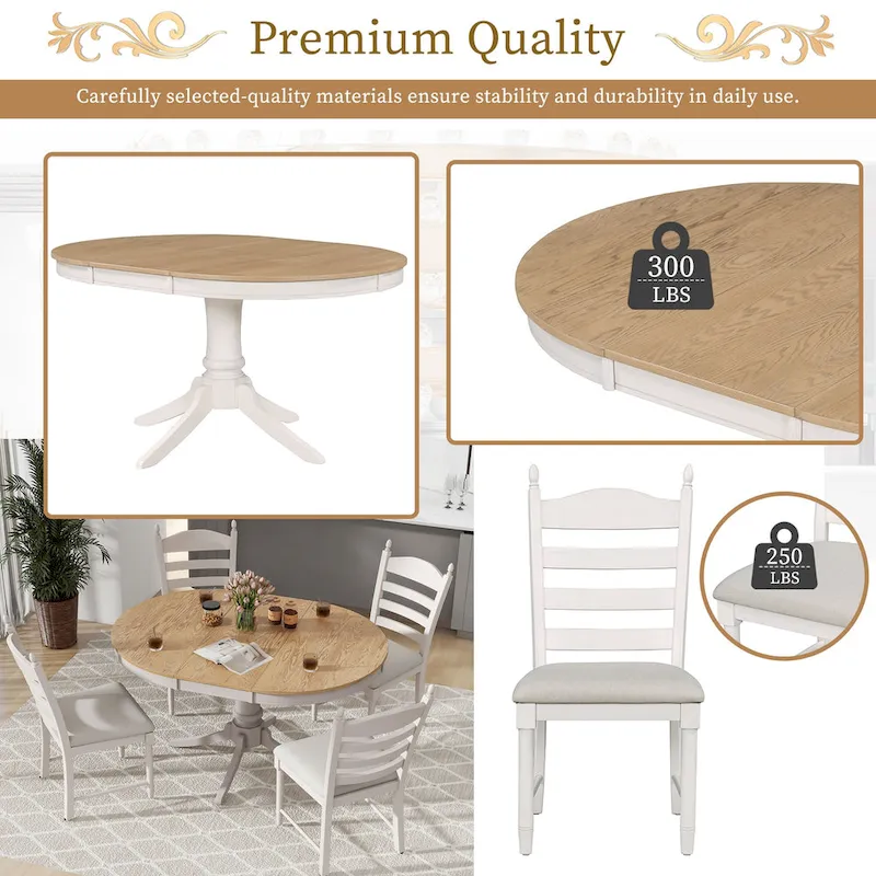 5 Piece Round Dining Table Set, Solid Wood Kitchen Table and Chair Set with Extendable Table and 4 Upholstered Chairs
