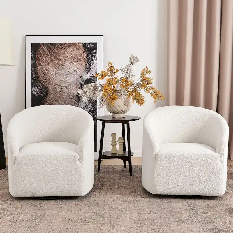 KINWELL 32W Boucle Upholstered Swivel Barrel Armchair (Set of 2)