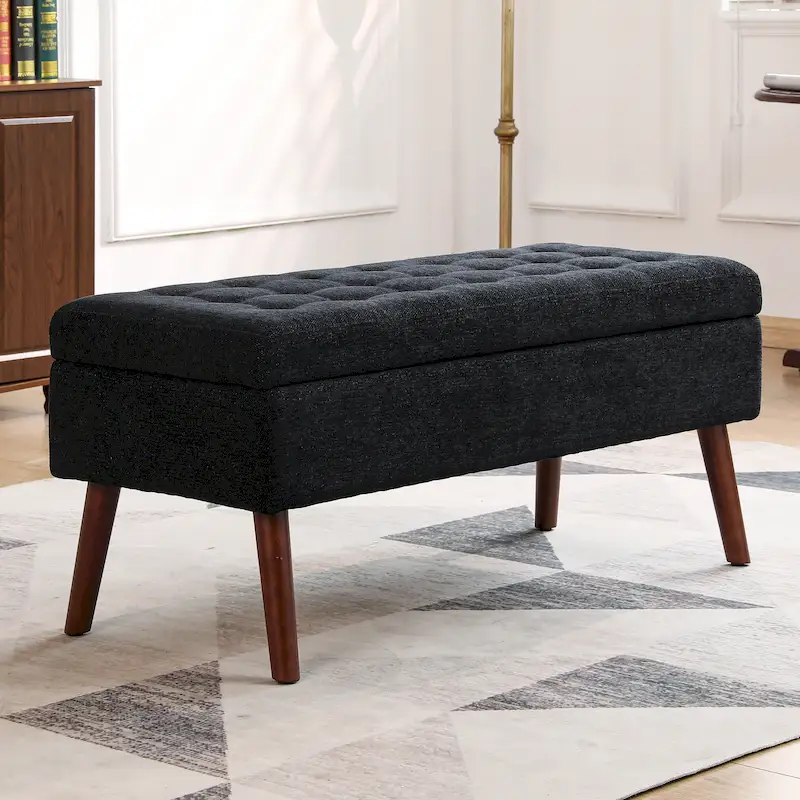 Black / Grey / Off White Tufted Storage Ottoman Bench, 1-Person, Wood Legs