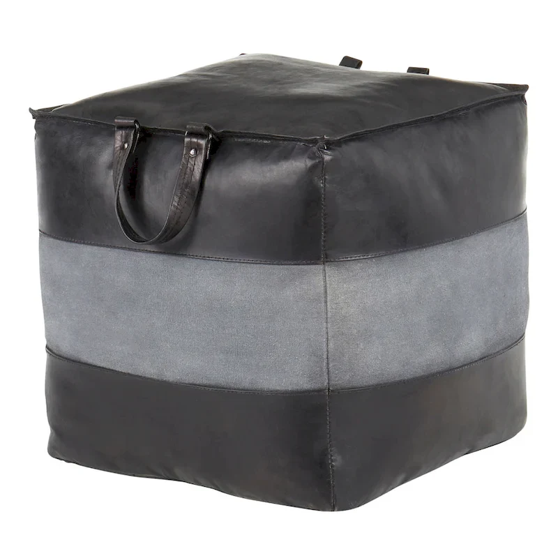 Carbon Loft Najah Industrial Pouf Ottoman in Leather and Canvas